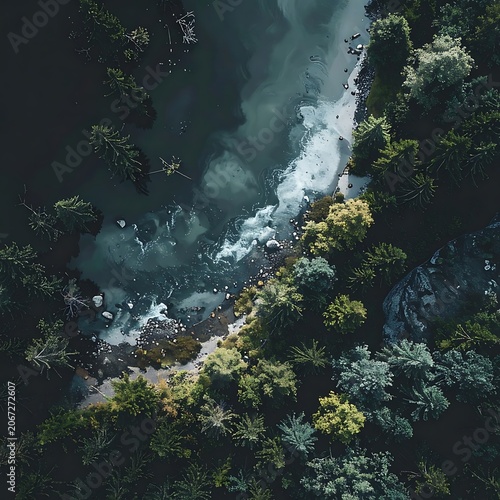 Aerial view of a serene river flowing through a dense forest