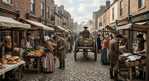 Bustling historical street market in Victorian England with vendors and shoppers on cobblestones