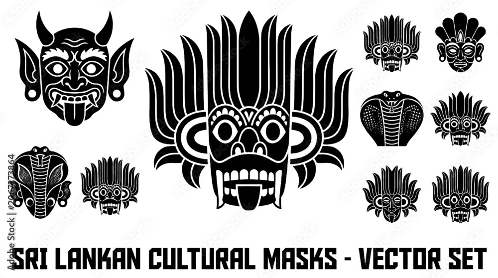 Obraz premium Big Sri Lankan Cultural Mask Black Silhouette Vector Set Traditional Devil Mask Collection Isolated on White Background