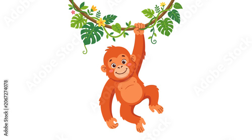 Cute cartoon baby orangutan hanging on a jungle vine with tropical monstera leaves and flowers
