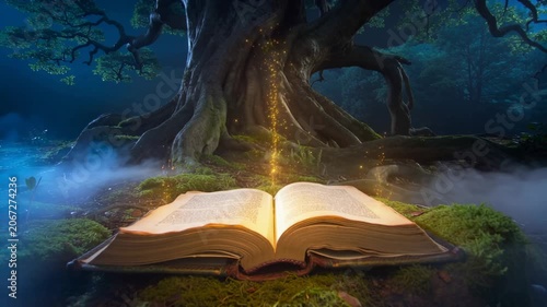 Glowing Magic Book Opened Under Ancient Tree in Enchanted Forest at Night. Seamless looping 4k video background