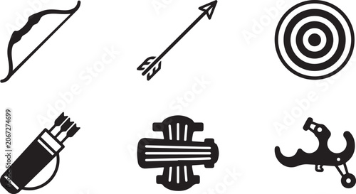 Foto Six black and white vintage hunting and archery icons set Vector