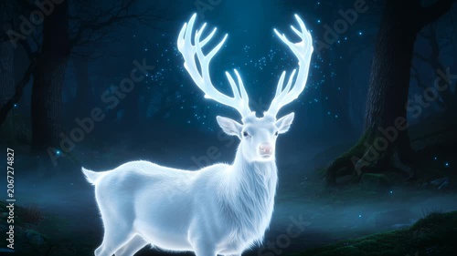 Glowing magical stag standing in a dark mystical forest at night