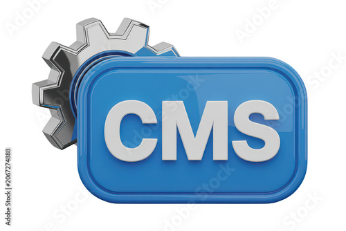 A glossy blue rectangular with the letters cms in white, positioned in front of a metallic silver gear, isolated on a white background