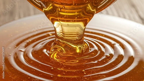 Viscous golden honey pouring and creating ripples on a white surface.