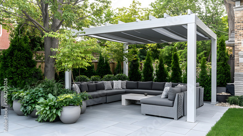 Modern outdoor lounge area with pergola and greenery in tranquil backyard setting