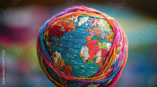 A globe intertwined with vibrant threads representing the coming together of different cultures