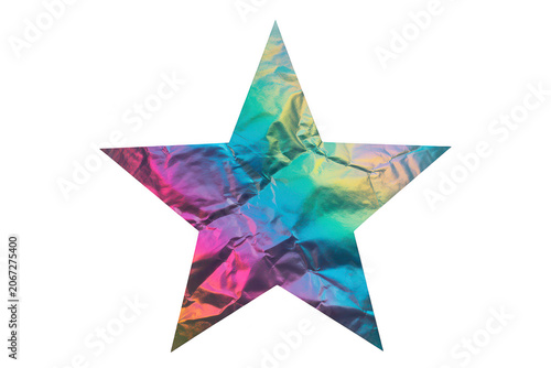 A five-pointed star shape made of crumpled holographic foil with rainbow colors isolated on a black background, for festive decorations