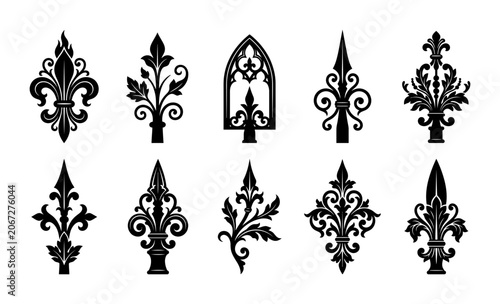 Set of Vintage Ornate Fleur de Lis and Decorative Architectural Finial Elements for Classic Heraldic and Ornamental Design Applications