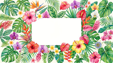 Vibrant tropical floral border with lush greenery and colorful blossoms for decorative designs and festive themes seating a