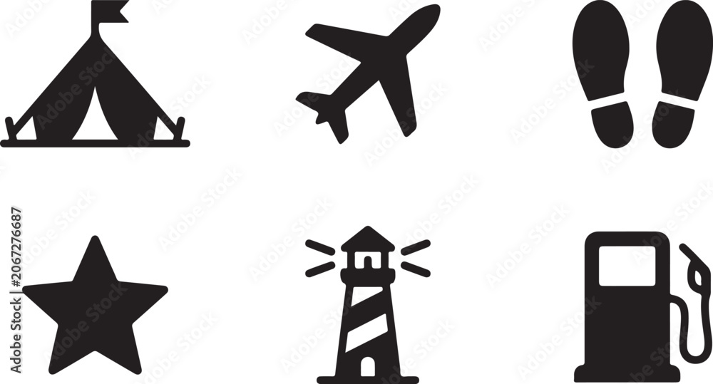 Fototapeta premium Six minimalistic travel and adventure icons set Vector
