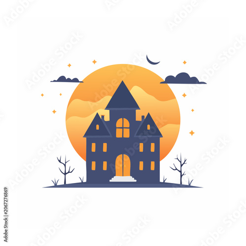 Flat Design Haunted House with Sunset and Moon