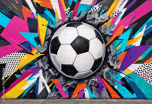 A soccer ball explodes through a vibrant abstract background in a dynamic sports illustration.