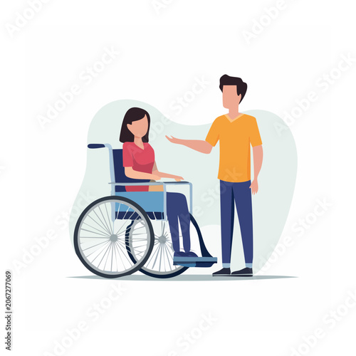 Man talking to woman in wheelchair, flat illustration