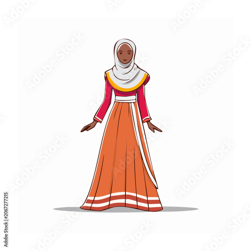 Woman in Traditional Orange and Pink Dress Illustration