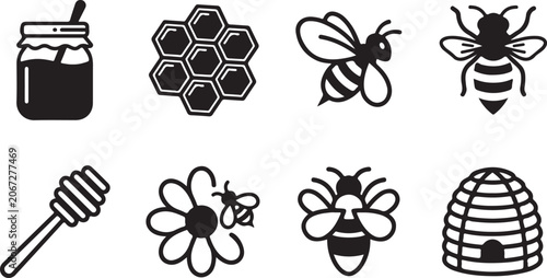 Obraz na plátně Black and white bee and honey themed icons set Vector