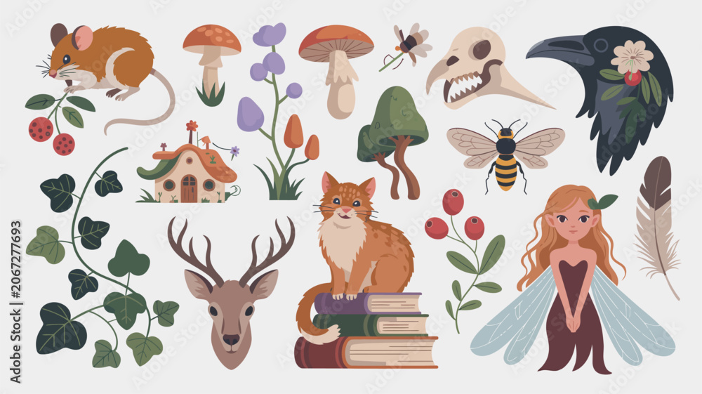 Obraz premium Collection of forest animals, mystical plants, and whimsical items arranged playfully