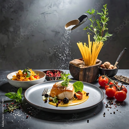 Delicious Italian food with pasta and fish.