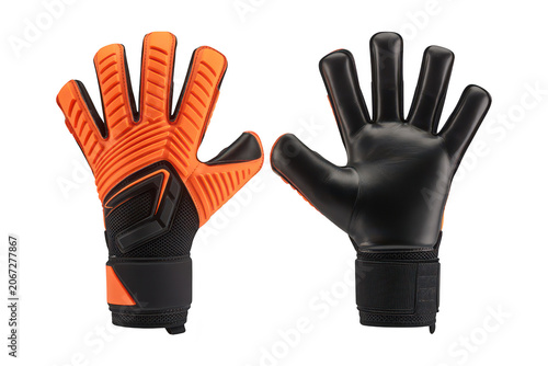 Pair of goalkeeper gloves featuring bright orange textured palms and black backings, designed for soccer, isolated on a black background