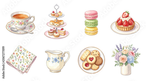 Принти на полотні A delightful collection of watercolor illustrations depicting an elegant afternoon tea party spread with pastries, cookies, tea, and flowers