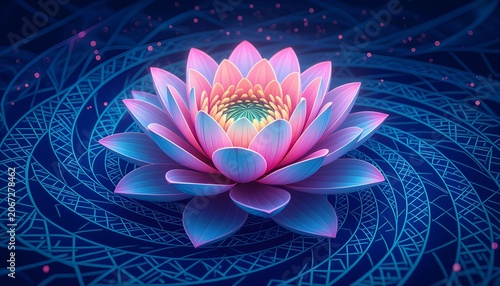 Glowing Pink and Blue Lotus Flower on Abstract Sacred Geometric Background Digital Art