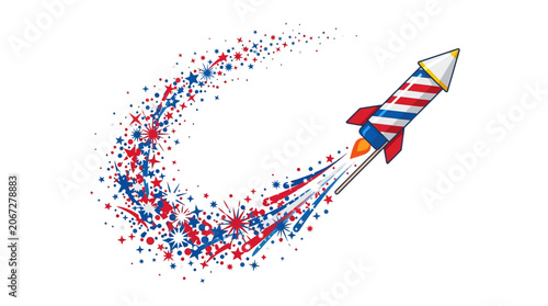 Vibrant vector rocket icon of patriotic theme, American flag colors, dynamic motion symbol, abstract design element isolated on White Background USA, Editable EPS