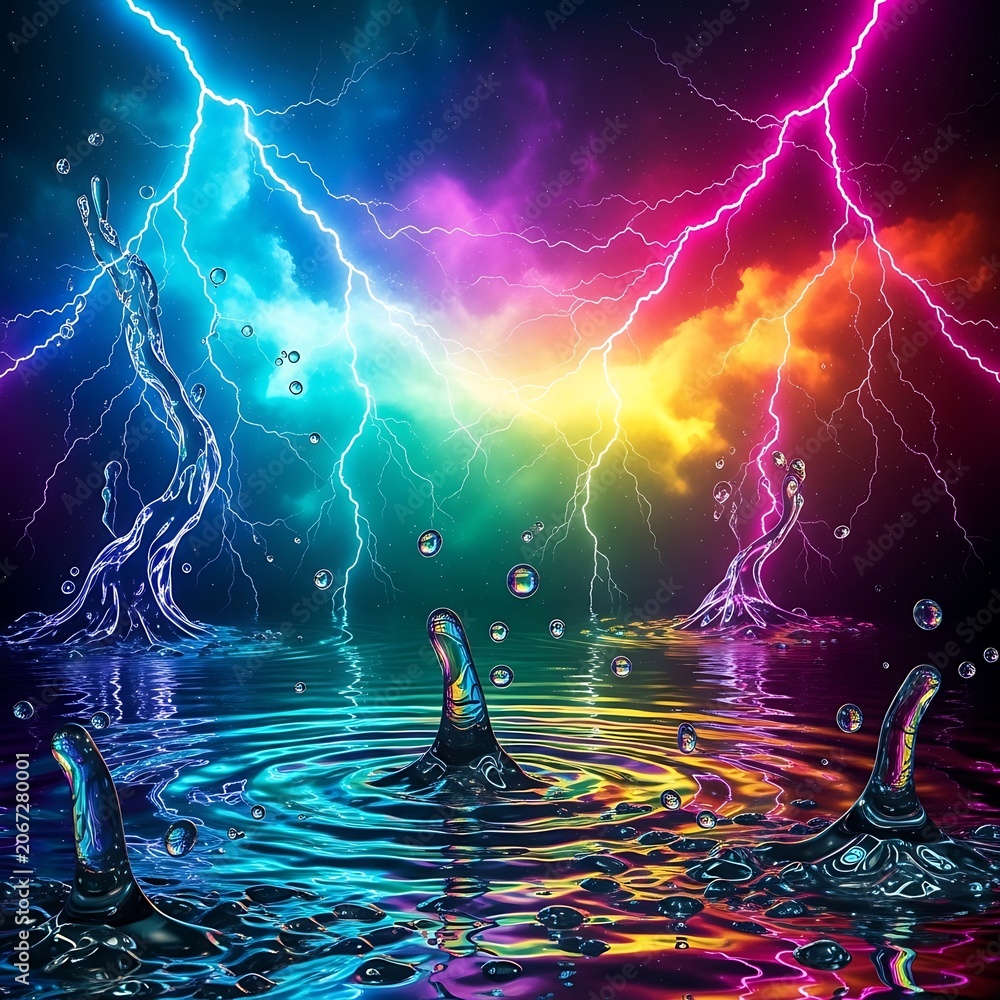 Naklejka premium Vibrant Lightning Storm Over Water With Rainbow Colors.