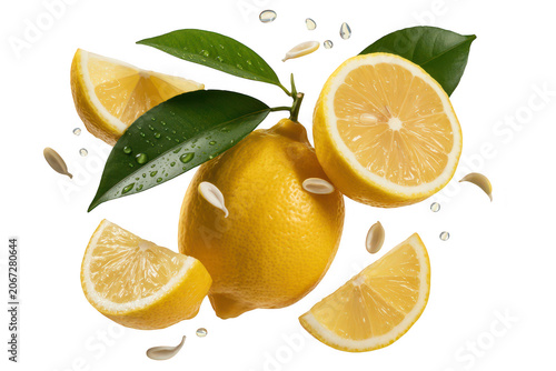 Fresh yellow lemon fruit with green leaves and water droplets floating in the air with scattered seeds isolated on a solid black background