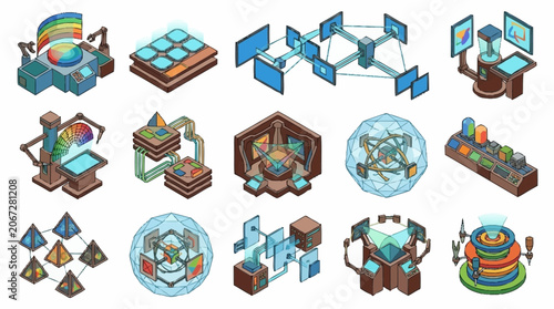 Isometric illustrations of futuristic technology and data processing systems.