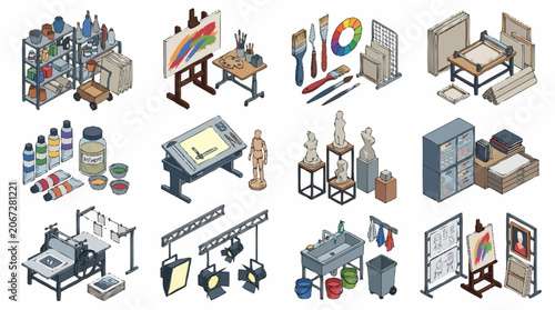 Collection of isometric art studio supplies and equipment for creative professionals.