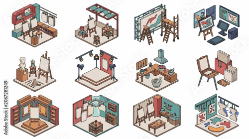 Collection of isometric art studio scenes and creative spaces.