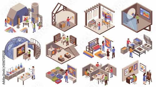 Collection of isometric illustrations depicting various art creation and exhibition spaces.