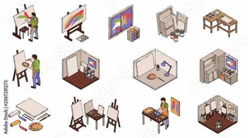 Collection of isometric illustrations depicting artists painting and art studio setups.