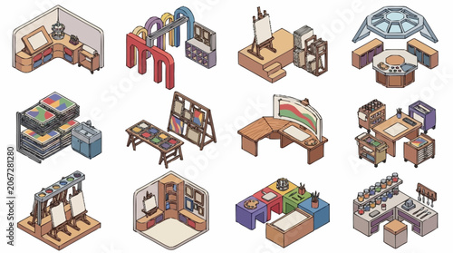 Isometric Collection of Office and Workshop Setups for Various Professions.