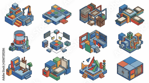 Isometric illustrations of industrial machinery and factory equipment in a pixel art style.