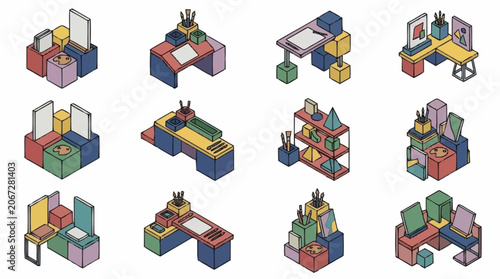Collection of Isometric Desks and Creative Workspaces with Art Supplies.