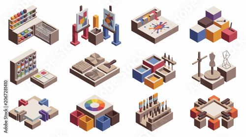 Collection of isometric art studio supplies and creative tools, perfect for design projects.