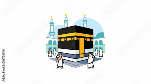 Colorful illustration of a cube-shaped building with people wearing white robes