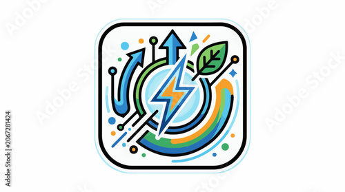 A colorful graphic depicting a lightning bolt surrounded by arrows and a leaf