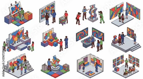 Isometric illustration of people visiting an art gallery, admiring abstract paintings and sculptures on display.