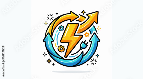 A stylized lightning bolt amidst swirling arrows and gears on white