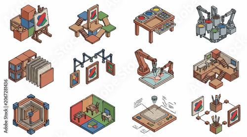 Collection of Isometric Art Studio and Creative Process Icons.