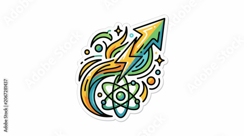 A colorful sticker with a lightning bolt and an atom, surrounded by swirling shapes