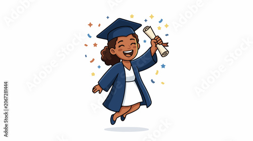 A cartoon girl in a blue graduation cap and gown holds a diploma while jumping