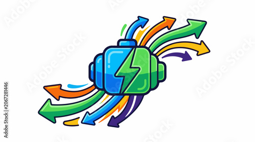 A colorful battery icon with a lightning bolt and multiple arrows