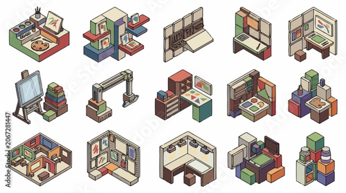 Isometric Collection of Various Booths and Stands for Exhibitions and Trade Shows.