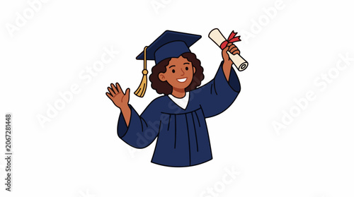 A cartoon woman with brown hair wearing a blue graduation cap and gown holding a diploma