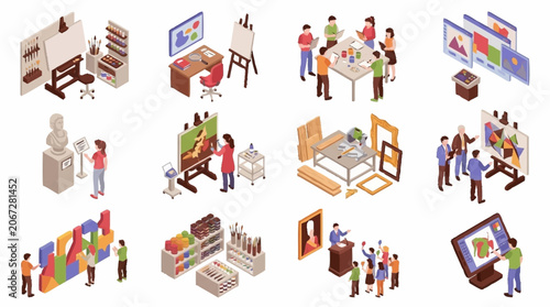 Collection of isometric illustrations depicting various art studio activities, workshops, and galleries.