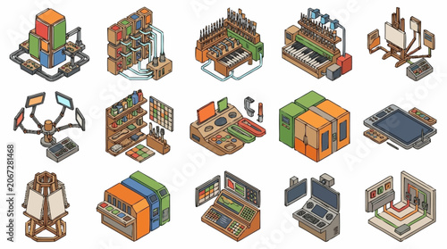 Collection of isometric illustrations representing various technological and creative workstations and equipment.