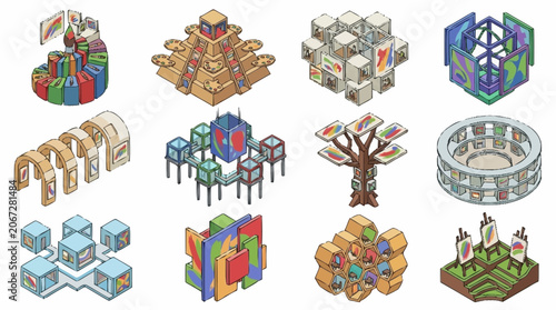 Collection of isometric architectural elements and abstract structures with colorful designs.